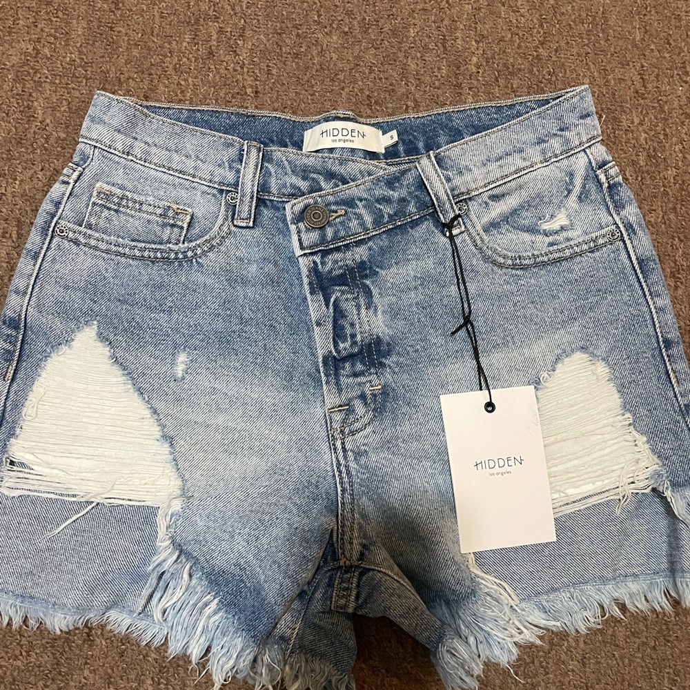 crossover waist denim shorts